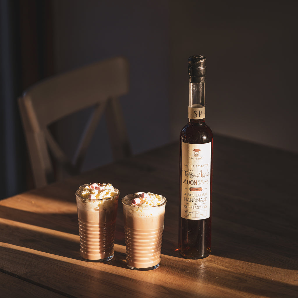hot chocolate, alcoholic hot chocolate, alcohol, sweet potato, sweet potato spirits, toffee apple moonshine, toffee apple, moonshine, moonshine liqueur, great taste.